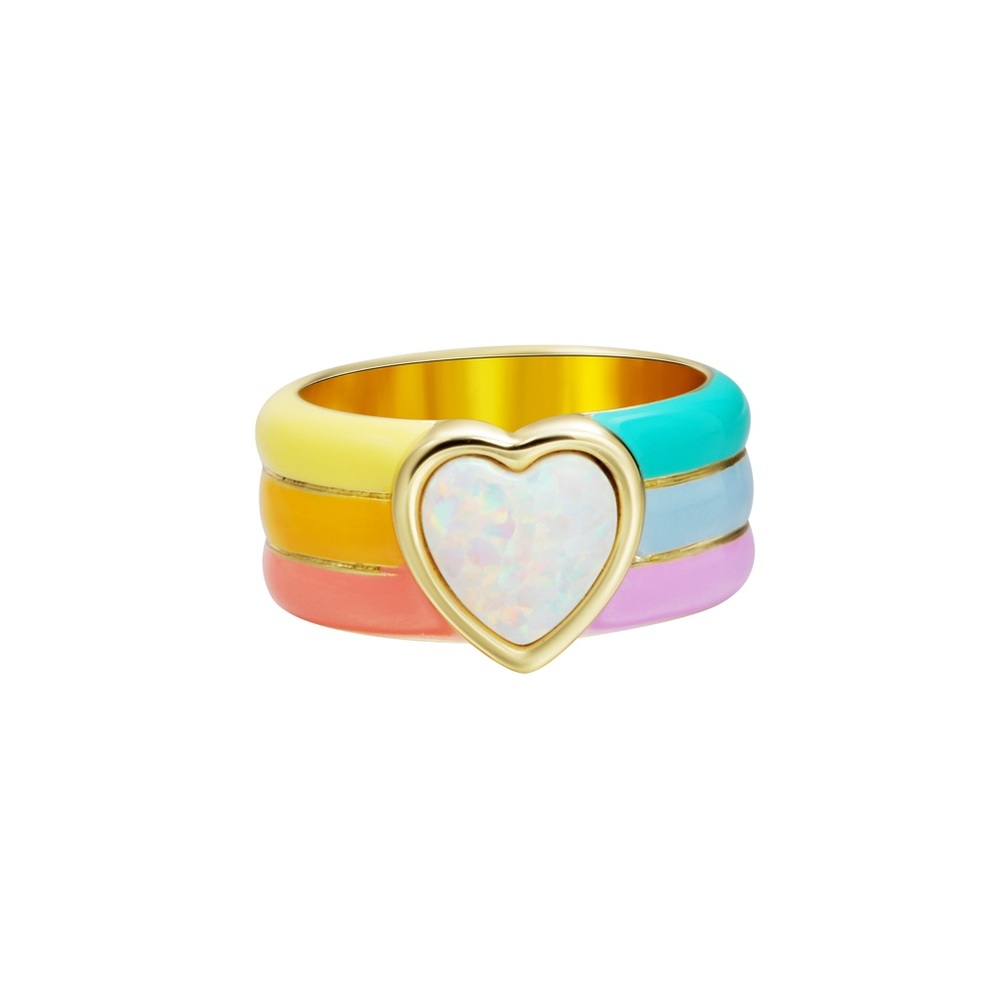 Playful Yellow and Blue Enamel Heart Opal 14K Gold Ring